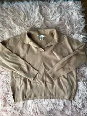 Max Studio Beige Collared V-Neck Sweater XL